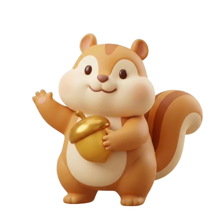 The Chibbles squirrel waving, holding an acorn