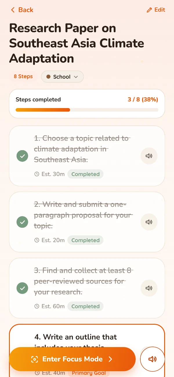 A school task with three of eight steps checked off